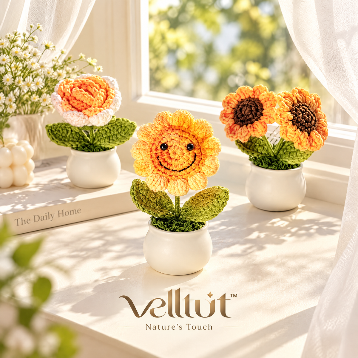 velltut™ Handmade Crochet Potted Flower Figurine