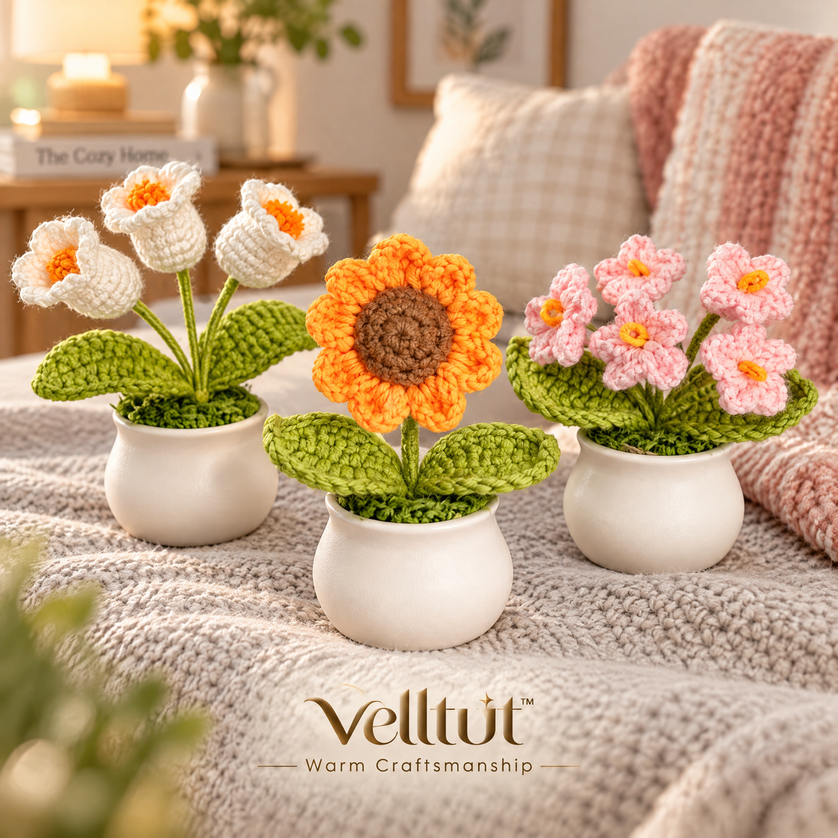 velltut™ Handmade Crochet Potted Flower Figurine