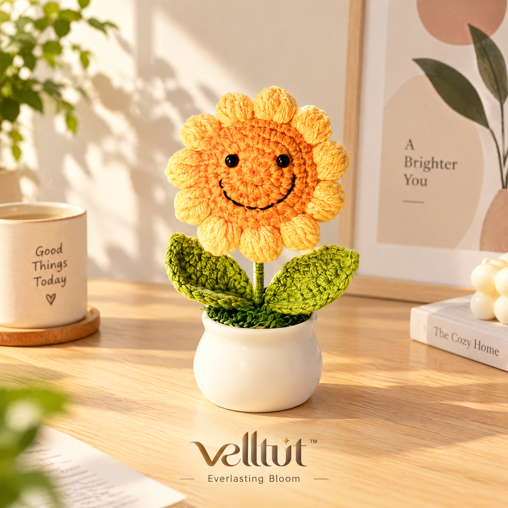 velltut™ Handmade Crochet Potted Flower Figurine