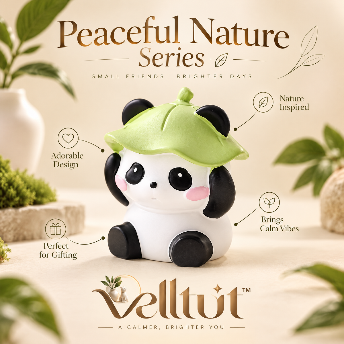 velltut™ Leaf-Hat Panda "Not Listening" Figurine