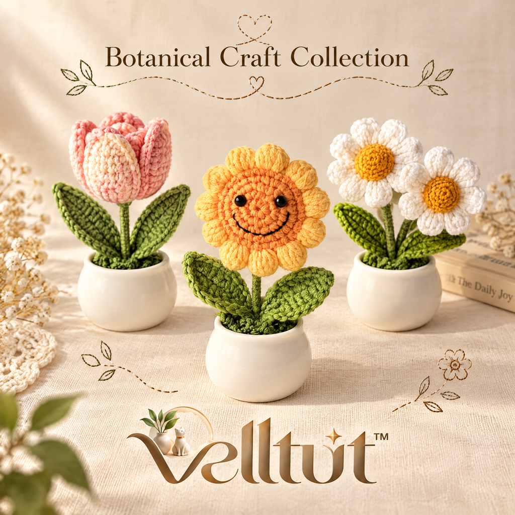 velltut™ Handmade Crochet Potted Flower Figurine
