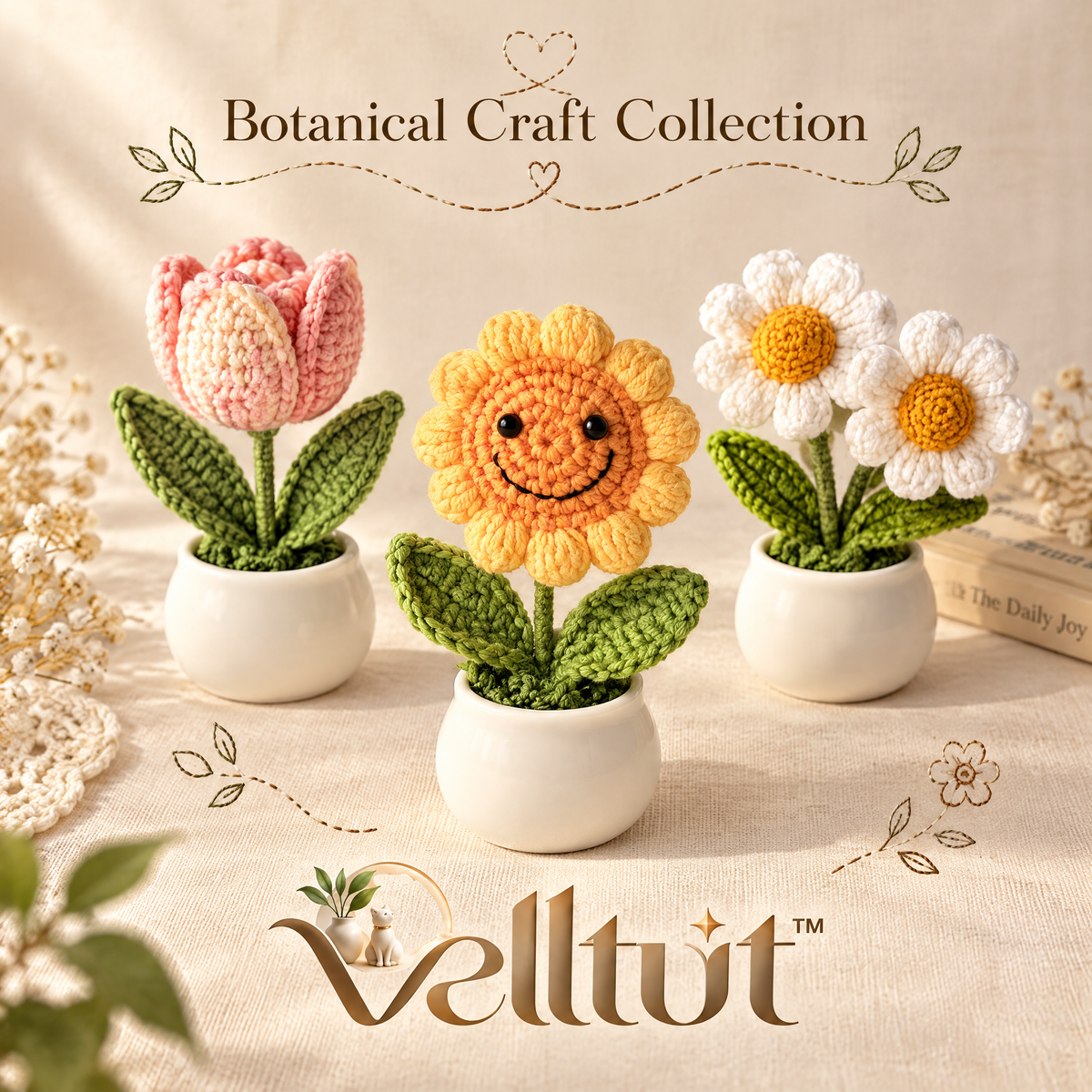 velltut™ Handmade Crochet Potted Flower Figurine
